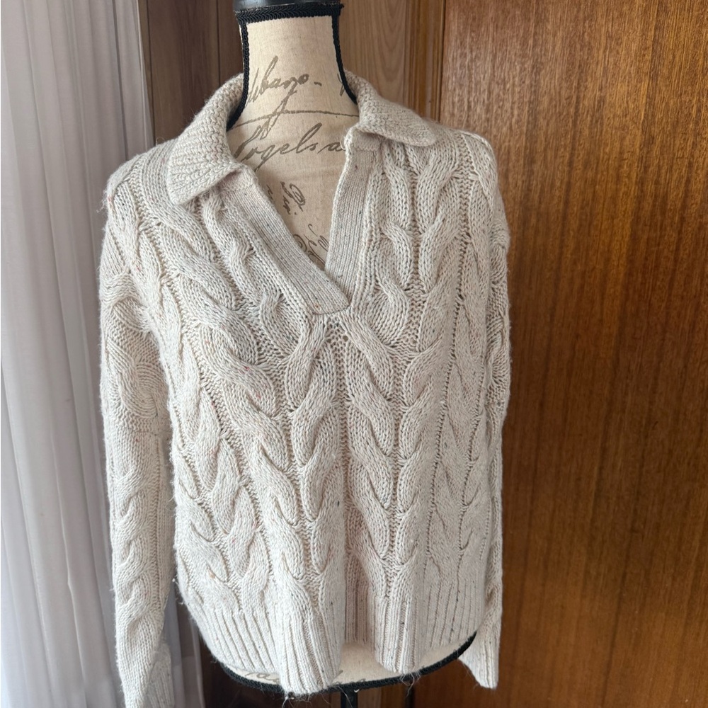 Petite Flecked Collared Split Neck Cable Sweater - image 4